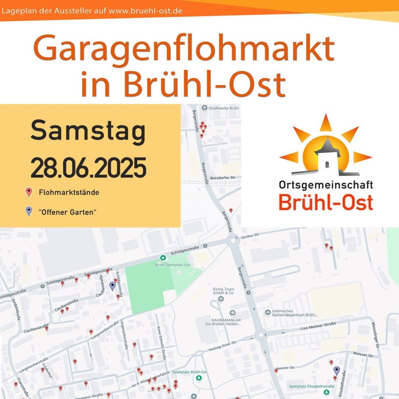 Garagenflohmarkt 2025 - Lageplan der Aussteller Garagenflohmarkt 2025 in Brühl-Ost - Lageplan der Aussteller